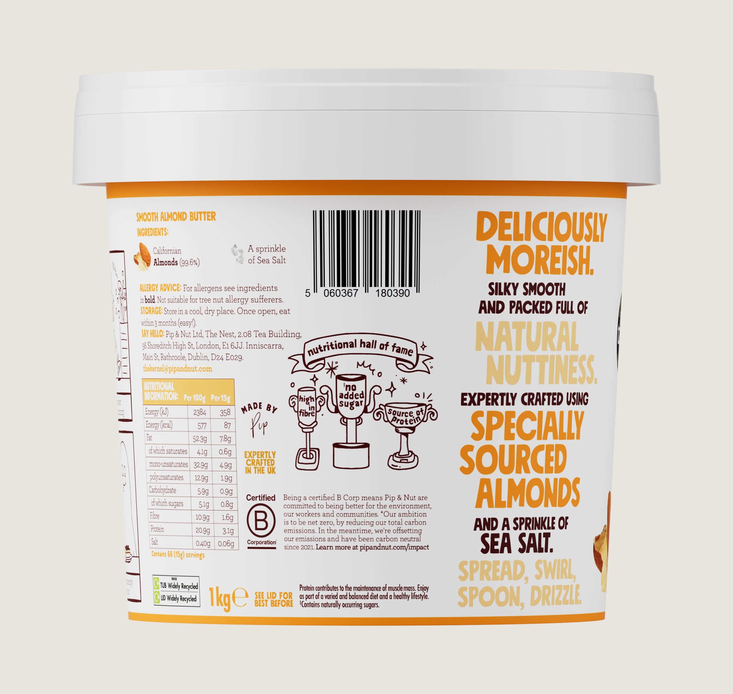Smooth Almond Butter 1kg Tub Pip & Nut