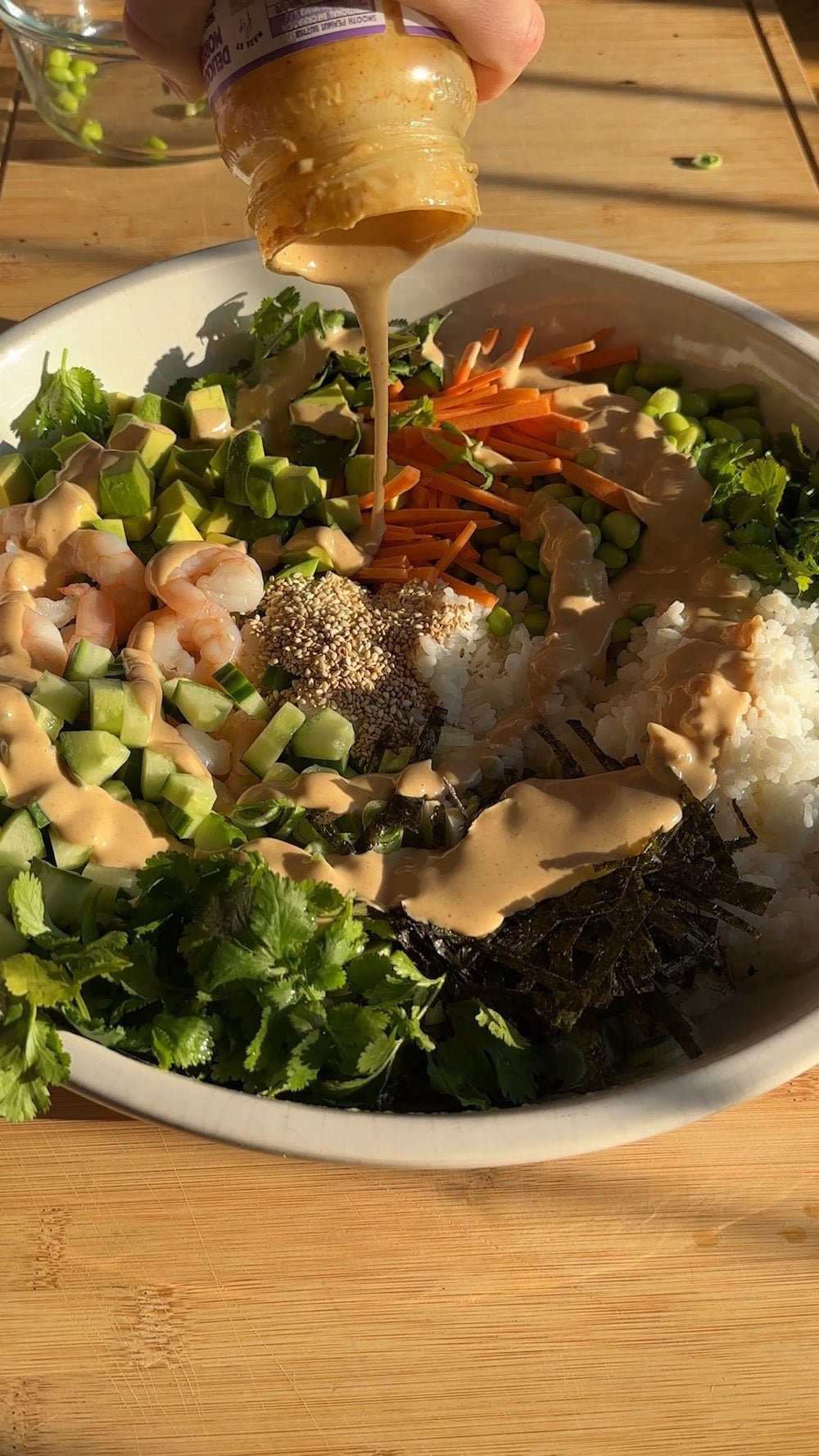  Prawns, Sesame & Rice Salad with a Peanut Butter Dressing 