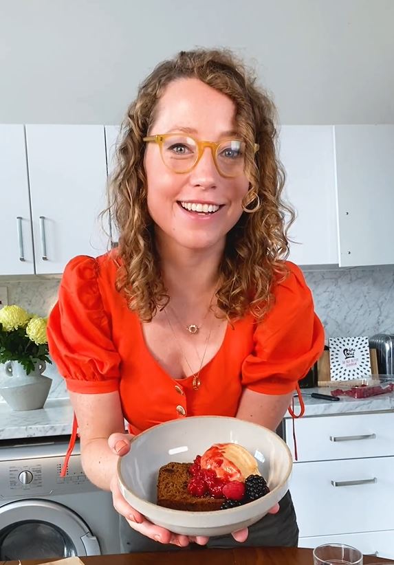  Pip holding bowl with banana bread  